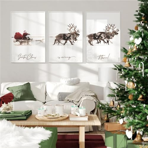 Herfair Winter Poster 3er Set Weihnachtsmann Elch Wandbilder Wohnzimmer Deko Kunstdruck Bilder Leinwand Ohne Rahmen Weihnachten Thema Wanddeko Poster (40 x 50 cm)