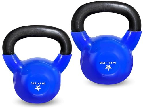 Yes4All Kugelhantel aus Gusseisen mit Vinyl-Beschichtung, 15 kg, 11,3 kg, ideal für Hantelgewichte, Ganzkörper-Trainingsgeräte, Push-Up, Griffkraft- und Krafttraining, PVC, Blau