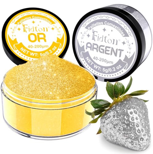 Paillettes Comestibles - Colorant Alimentaire Poudre 2 Couleurs, Decoration Gateau Comestible pour Fondant, Chocolat, Macaron, Paillette Alimentaire pour Cocktail, Luster Dust Or et Argent - 5 g