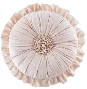 Fouriding Rundes Dekokissen, 35 cm, rundes Rüschenkissen, Blumenkissen, Bodenkissen für Wohnzimmer, Sofa, Bett, Stuhl, Boden, Auto, Heimdekoration (Beige)