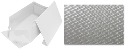 PME CBO904 Oblong Cake Box 17 x 13-Inch / 43 x 33 cm, White & CCO900 Oblong Cake Card 17 x 13-Inch / 43 x 33 cm, Silver