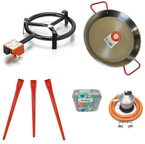 UBOON Kit Quemador Paellero de Gas Butano 25cm + Paellera 30cm + Regulador de Gas, Manguera, Soporte con Patas Reforzadas y Regalo Juego de 3 Esponjas Anti-Arañazos (KIT PAELLERA 30)
