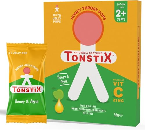 Tonstix Honey and Apple Jelly Pops - Pack of 8 Sore Throat Lollipops for Kids with Vitamin C and Zinc - No Added Sugar Cough Soother for Children - 100% Natural, Immune Supporting Ingredients