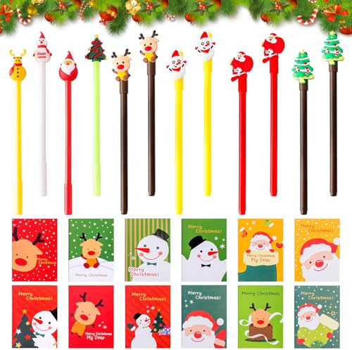 SOETDERT Weihnachten Schreibwaren Set, 12 Mini Notizblock Weihnachten, 12 Weihnachts Kugelschreiber Cartoon,Weihnachtsgeschenke für Mitschüler und Kinder Weihnachtsfeier Partytüte Füller