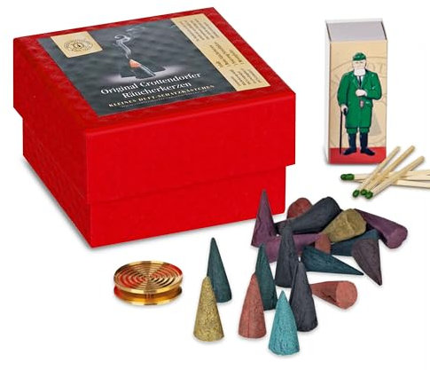 Crottendorfer Geschenk Box – Weihrauch Set mit Messingteller, 20 Bunte Mischung Räucherkerzen (M) + Streichhölzer – Ideal für Räucherkegel, Räuchermännchen & festlicher Raumduft für Weihnachten