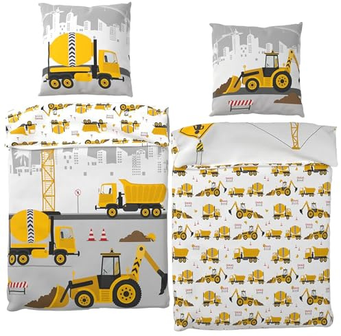 BERONAGE Bagger Kinderbettwäsche Bauarbeiter – 135 x 200 cm + 80 x 80 cm – 100% Baumwolle Renforcé-Linon – Baumaschinen-Motive: Betonmischer, LKW, Radlader – Reißverschluss, deutsche Größe