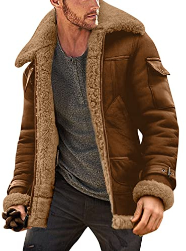 Pilot S - Chaquetas de cuero para hombre Reino Unido - Chaqueta bomber aviador acolchada de manga larga con cuello de solapa, abrigo de piel de oveja sintética vintage engrosado, talla grande