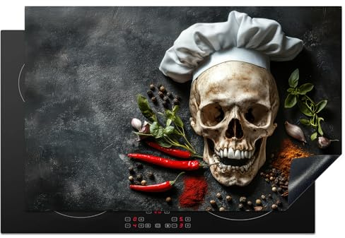 KitchenYeah© Herdabdeckplatte Induktion Schutzmatte Küche Herdabdeckung | 80x52 cm - Ceranfeld Induktionsmatte Cerankochfeld Abdeckung Skelett - Kräuter - Schädel - Koch