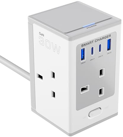 Tower 5M Extension Lead with USB Slots, Surge Protected 4 Socket Extension, 30W USB C Fast Charger Heavy Duty 5 Metres Gray Cable, 13A