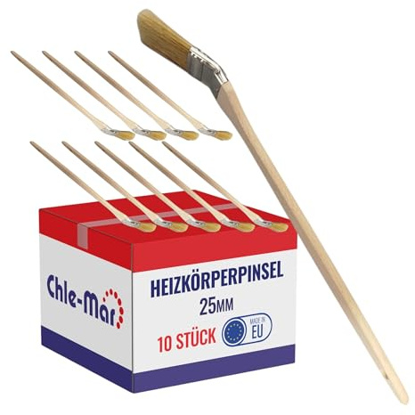 Chle-Mar 10x Heizkörperpinsel 25mm, Malerpinsel mit Langer Stiel | für schwer zugängliche Stellen, Lackpinsel für Wandfarbe & Heizkörper, Farbwalze Alternative für präzises Streichen