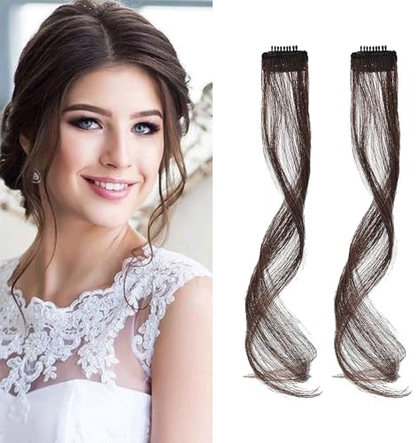 XFSRG 2 Stück Fringe Pony Haarteil 35 cm Side Air Bangs Synthetischer Pony Haarspangen zum Anklipsen mit Schläfen für Frauen(Dunkelbraun)