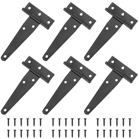 6 Stück T-Scharnier Schwerlast Schwarz, 100 mm T-Scharniere Eisen Verzinkt, T-Förmige Türscharnier Klappbar mit Schrauben, für Schuppentore, Scheunentore, Gartentor, Fenster