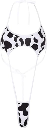 Bommi Fairy Damen EIN Stück Bikini Cut Out Halter BH mit G String Bodysuit Cow Print Einheitsgröße rückenfreie Dessous Geeignet für XS-L (Schwarz&Weiß)