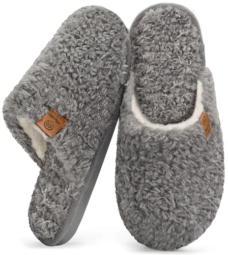 Misolin Tofflor Kvinnor Mäns Vintervärme Tofflor Med Memory Foam Plysch Mjuk Platt Anti-Slip Bekväma Tofflor Inomhus Utomhus, Grå 40.5/42 EU=CN 290mm