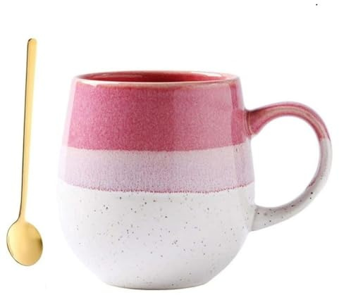 Huiyiwert große Kaffeetasse Farbverlauf Kaffeebecher mit Löffel Porzellanbecher dickwandige Henkeltasse Teetasse Milchbecher Geschenk für Mädchen Männer Frauen Freuden (Rosenrot+Weiß)