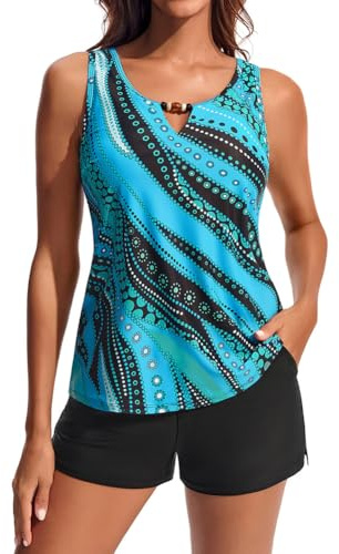 Hanna Nikole Tankini 2 pièces pour femme - Maillot de bain modeste - Col en V - Avec poches - Short de bain sportif - 2 pièces