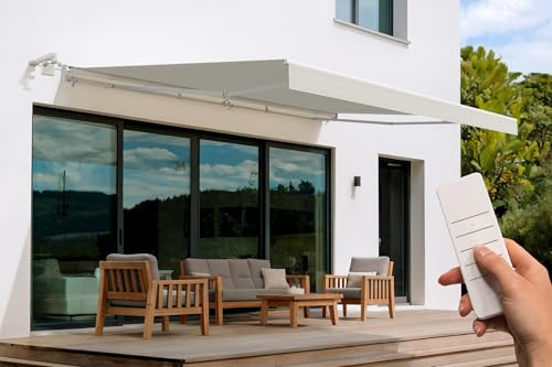 Cazeboo Store banne motorisé 5x3m Semi-Coffre - Toile Beige 320g/m² UV50+ - Structure Aluminium Blanc - Capteur Vent Inclus - 15 m² ombrage terrasse - Télécommande