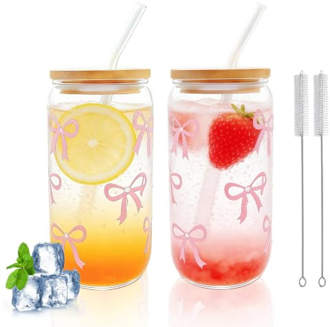 Zamety 2 vasos de cristal con pajita y tapa de vidrio, vasos de matcha de 16 onzas con forma de lata, taza de té de burbujas con cepillo de paja, vasos de estetico rosa para bebidas, zumo, café helado