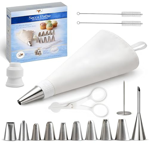 SURUS EQUIPMENT Sac à Poche Riutilizzabile Professionale in Cotone Extra Resistente Set con 10 Beccucci in Acciaio Inox 304 + 2 Spazzole Ideale per Torte e Cupcake