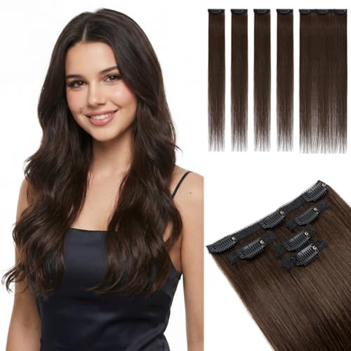 SEGOHAIR Clip in Extensions Echthaar, Glatt Clip Hair Highlights Haarverlängerung Natürlich für Frauen Damen 5-teiliges Set (1 großes Teil + 4 einzelne Clips)#2R Dunkelbraun 25cm 36g