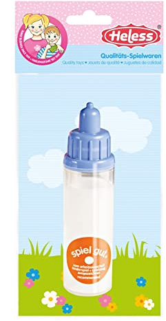 Heless 3050 - Zubehör zur Puppen-Pflege, Trickmilchflasche mit blauem oder rosa Verschluss, in 1 von 2 Designs (zufällige Auswahl)