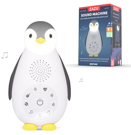 ZAZU ZOE Pinguin Musikbox mit Nachtlicht – Einschlafhilfe für Babys – White Noise & Melodien – Bluetooth – Tragbar – Grau