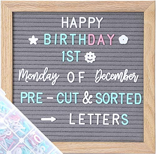 G GAMIT Felt Letter Board Message Board 10x10inch with Stand,Pre-cut&Sorted 805pcs White,Blue&Pink Changeable Letters+Weeks &Months Cursive Words,Word board Sign board with Sorting Tray&Gift Box(Gray)