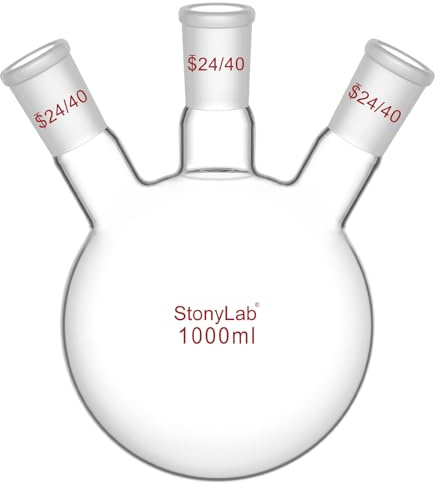StonyLab Borosilicaté Verre 3 COL Rond Fond Flasque RBF, Ballons de Laboratoire 3 Neck Round Bottom Flask avec 24/40 Centre et côté Standard Fuseau Extérieure Joint - 1000ml