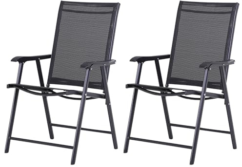 Outsunny Conjunto de 2 Sillas Plegables para Exterior con Reposabrazos Sillas para Balcones Jardín Terraza Metal Texteline Carga 110 kg 58x64x94 cm Negro