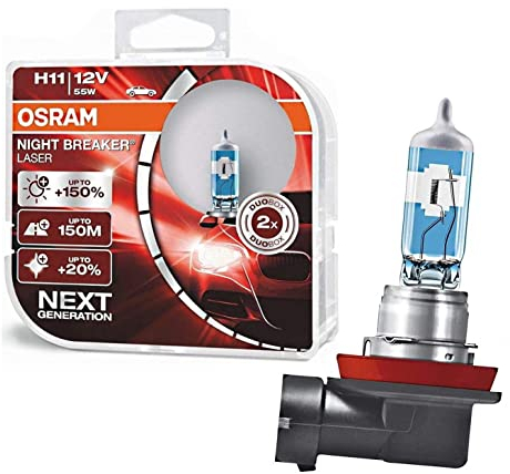 2x Osram H11 55W 12V Night Breaker Laser +150% Next Generation 64211NL-HCB hell Weiß Ersatz Halogen Birne für Scheinwerfer, Fernlicht, Abblendlicht - E-geprüft