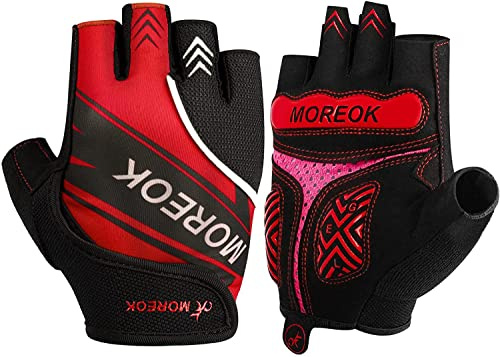 MOREOK Fahrradhandschuhe für Herren Damen Sommer Radsporthandschuhe Halbfinger 5MM SBR Gel rutschfeste/stoßdämpfende Handschuhe hellrot-XL