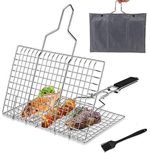 Pecco BBQ Grilling Basket, Foldable Stainless Steel Barbecue Grill Basket for Fish Vegetables Shrimp with Removable Handle, Basting Brush and Storage Bag 32x22cm