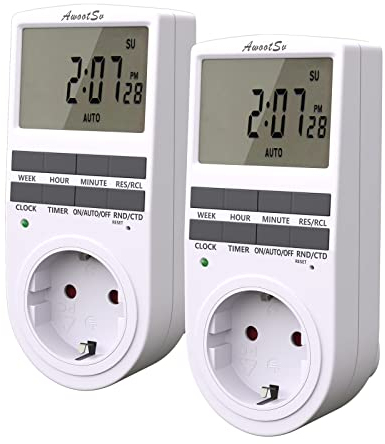 Awootsv Digitale Zeitschaltuhr Steckdose mit unendlichem Zyklus, 18 täglichen Programmen und Countdown für Innen (2er Pack) White
