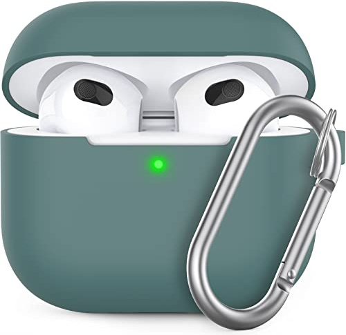 AHASTYLE AirPods 3 Hülle Silikon Schutzhülle, Kieferngrün | Kabelloses Laden, Mit Karabiner, Front-LED Sichtbar, Premium-Silikon, Rundumschutz, Stoßfest, AirPods 3.Gen Kopfhörer Zubehör