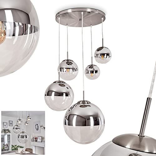 Hängeleuchte Degevos, 5-flammige Deckenlampe aus Metall/Glas in Nickel-matt/Chromfarben/Klar, moderne Pendellampe mit Kugeln aus Echtglas, Höhe max. 142 cm, 3 x E27 max. 40 Watt / 2 x E27 max. 25 Watt
