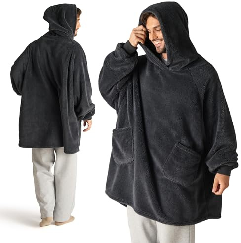 BEDSURE Hoodie Decke mit Ärmeln Anthrazit - 107x90cm | Weiche, Warme Kuscheldecke mit Ärmeln, Tragbar mit praktischen Taschen, ideal für Couch & Winter