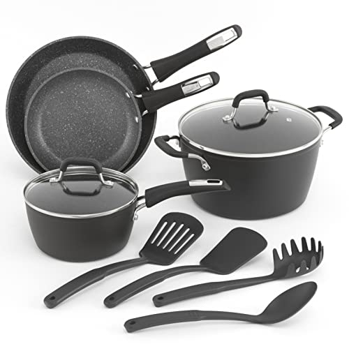 GoodCook 10-Piece Micro-Divot Nonstick Aluminum Cookware Set with Pans, Dutch Oven, Turner, Spoons, and Pasta Fork, Black (6188)