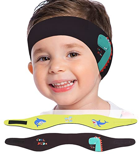 MoKo Bandeau de Natation Enfant, 2PCS Dinosaure Mignonne Protection Auditive Bandeau d'Oreilles Enfants en Néoprène, Bandeau Sport Élastique Sport Nautique, pour Âge 3-9 Enfants Taille M - Noir+Jaune