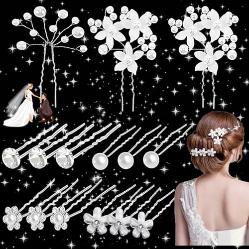dcas 15 Stück Braut Haarnadeln, Perlen U-Förmig Haarnadel Strass, Haarnadeln Hochzeit, Brautschmuck Blumen Perlen, Hochzeit Haarspangen Für Frauen Mädchen, Weiß Perlen Strass Haarnadel (6 Stil)