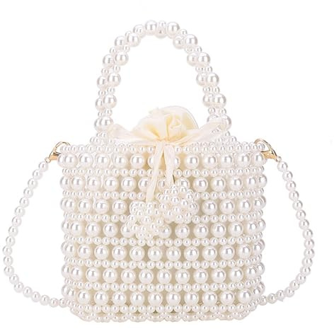 SHESRA Luxuriöse Perlentasche mit Kette und Geldbörse, Abendtaschen, künstliche Perlen, Clutch, handgefertigte Taschen für Party, Hochzeit, Braut, Reisen 02, Weiss/opulenter Garten