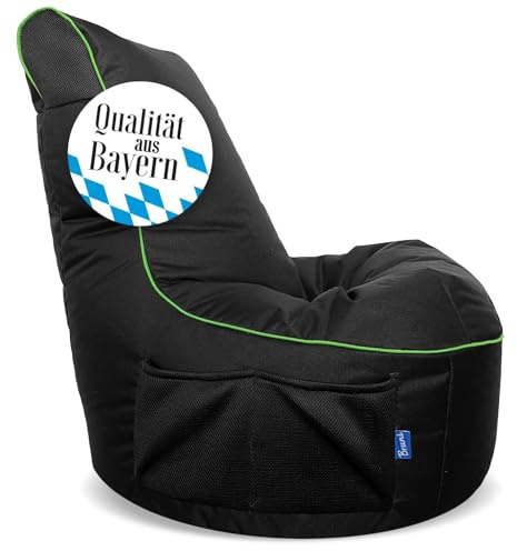 Bruni Cockpit Pouf de jeu noir, avec dossier et compartiment, convient pour l'intérieur et l'extérieur, fabriqué en Allemagne, noir/vert