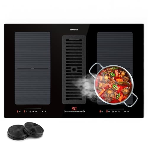 Klarstein 2 en 1 Plaque de Cuisson Induction avec une Hotte Aspirante pour Ilots, Table de Cuisson à 4 Anneaux avec Flex Zone, Commande Tactile, Hotte Aspirante 391m³/h, Classe Energétique A