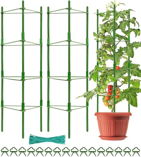 2Pcs Tomaten Rankhilfe Gartenpflanze Stützstangen, 160cm verstellbar Tomatenturm Tomatenpflanze Rankgitter für Kletterpflanzen, Rankhilfe für Tomaten mit 60pcs Drehbändern 20pcs Pflanzenclips