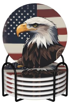 Runde Form, 6 Keramik-Untersetzer, patriotischer Weißkopfseeadler mit amerikanischer Flagge, rutschfester Korkboden, passend für alle Kaffeetassen, Sportbecher und -becher