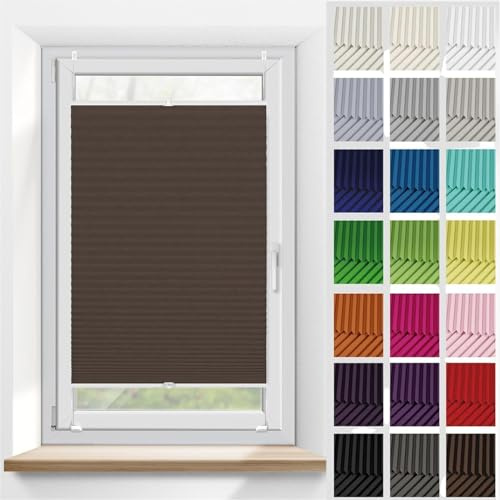 Jalousien Fenster Raffrollo, Fenster plissee 35 x 115 cm, Nach Maß Qualität ohne Bohren, Plissee Faltrollo ohne Bohren Klemmfix, Fenster Plissee ohne Bohren, für Fenster & Tür, Braun