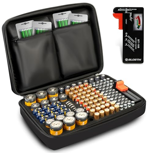 BLOSTM Boite Rangement Piles - 140 Emplacements Organisateur Piles avec Testeur de Piles, Étui de Rangement Pile pour AAA, AA, 9V, C, D, Bouton - Boite Pile (Piles Non Incluses)