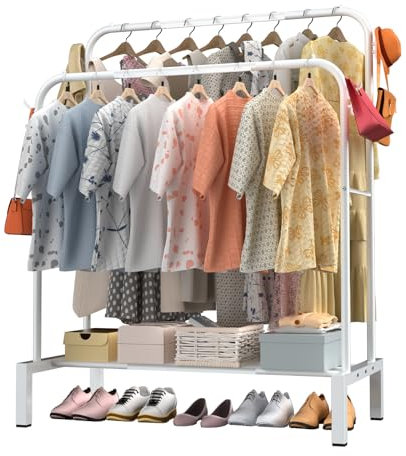 LOEFME Kleiderständer, 110 * 40 * 150cm Großer Raum Kleiderstange, Double-Rail Kleiderständer Stabil, Minimalistisches Design Clothes Rack, Freistehender Kleiderstange für Schlafzimmer, Weiß