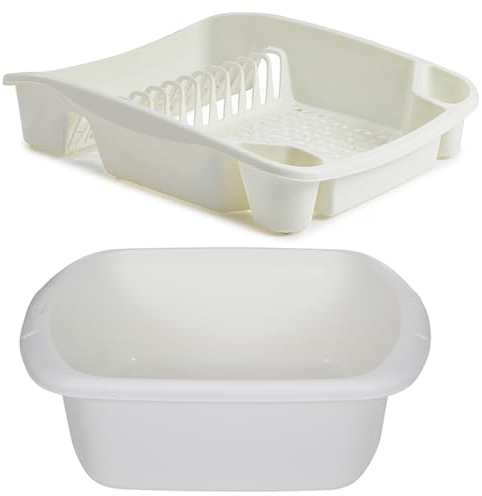 ZARVICZONIA Large Dish Drainer and Rectangular Washing Up Bowl Plastic Home/Office/Kitchen Silver/Grey - Set of 2 (Cream)