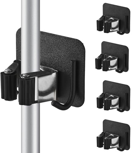 Cokshy Mop Broom Holder, 4 Pcs Stainless Steel Broom Holder Self Adhesive with Hook, Square Heavy Duty Garden Tool Organizer Rack Wall Mount for Kitchen Bathroom Closet Garden Garage - Black