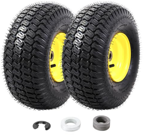 MZREXN Lot de 2 pneus et roues de tondeuse à gazon 15 x 6,00-6, pneus avant de rechange compatibles avec tondeuses autoportées John Deere, pneumatique à 4 plis, moyeu décalé de 7,6 cm, bagues de 1,9